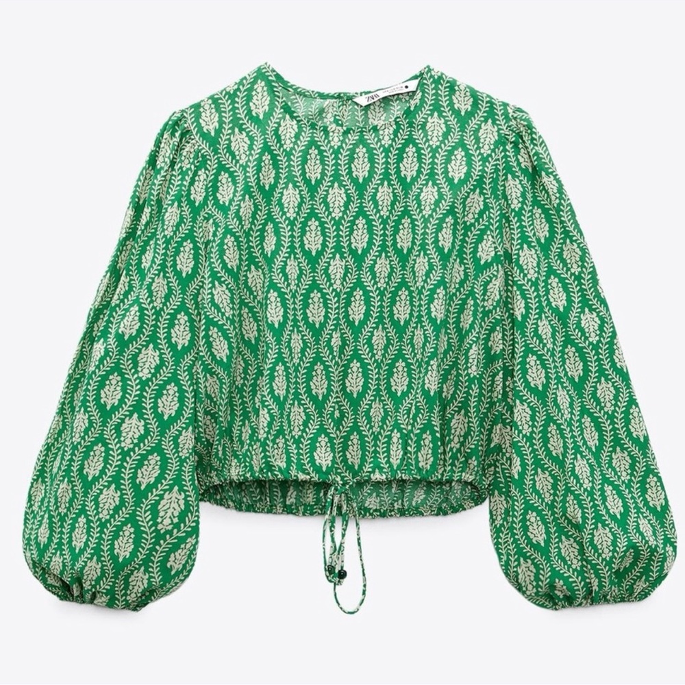 Zara Green and White Patterned Blouse